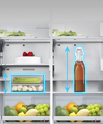 Frigorifero LG con scaffali regolabili, contiene verdure, frutta, bevande e un dolce sul ripiano superiore.