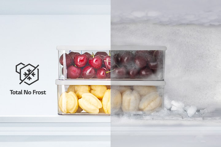 Frutta in scatole di plastica, metà congelata e l'altra metà no.