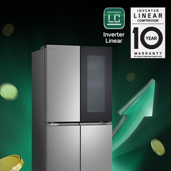Foto di un frigo con una freccia che va verso l'alto e delle monete di sfondo. Ci sono i loghi Inverter Linear e garanzia di 10 anni sul compressore.