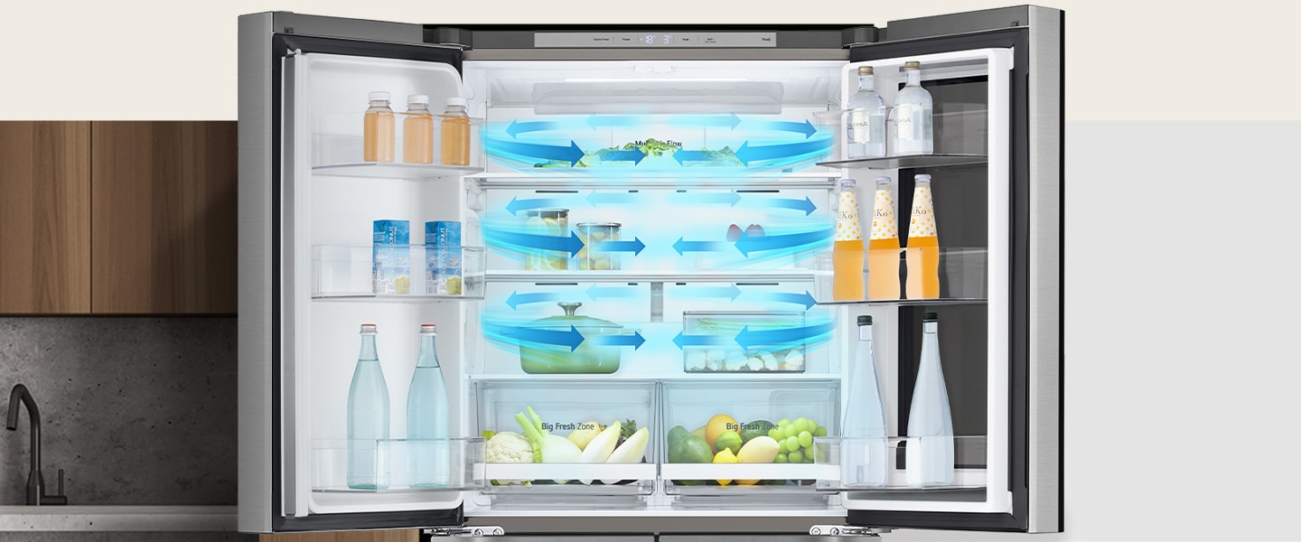 Immagine che mostra la parte superiore del frigorifero. Si vede un flusso di aria fredda che proviene dalla bocchetta posta nella parte superiore del frigo per raffreddare il cibo.