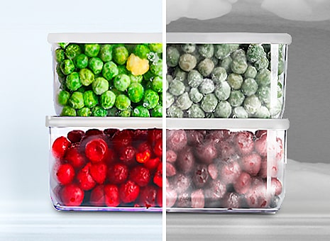 Un'immagine che paragona due contenitori di frutta uno ghiacciato e uno non.