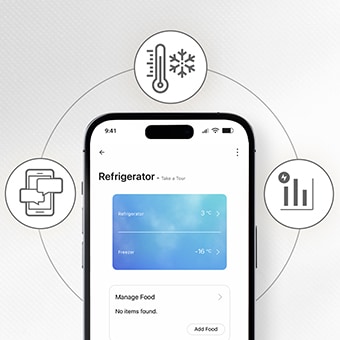 Uno smartphone con l'app ThinQ™ e attorno 3 icone delle funzionalità.