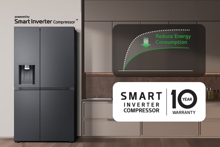 Frigorifero doppia porta LG con compressore Smart Inverter, riduzione consumo energetico, garanzia 10 anni.