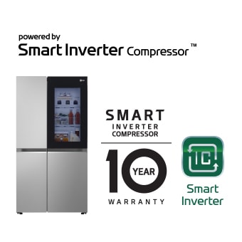 Frigorifero LG con Smart Inverter Compressor, schermo sulla porta destra, e 10 anni di garanzia.