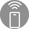 Icona di uno smartphone con segnale wireless all'interno di un cerchio grigio.