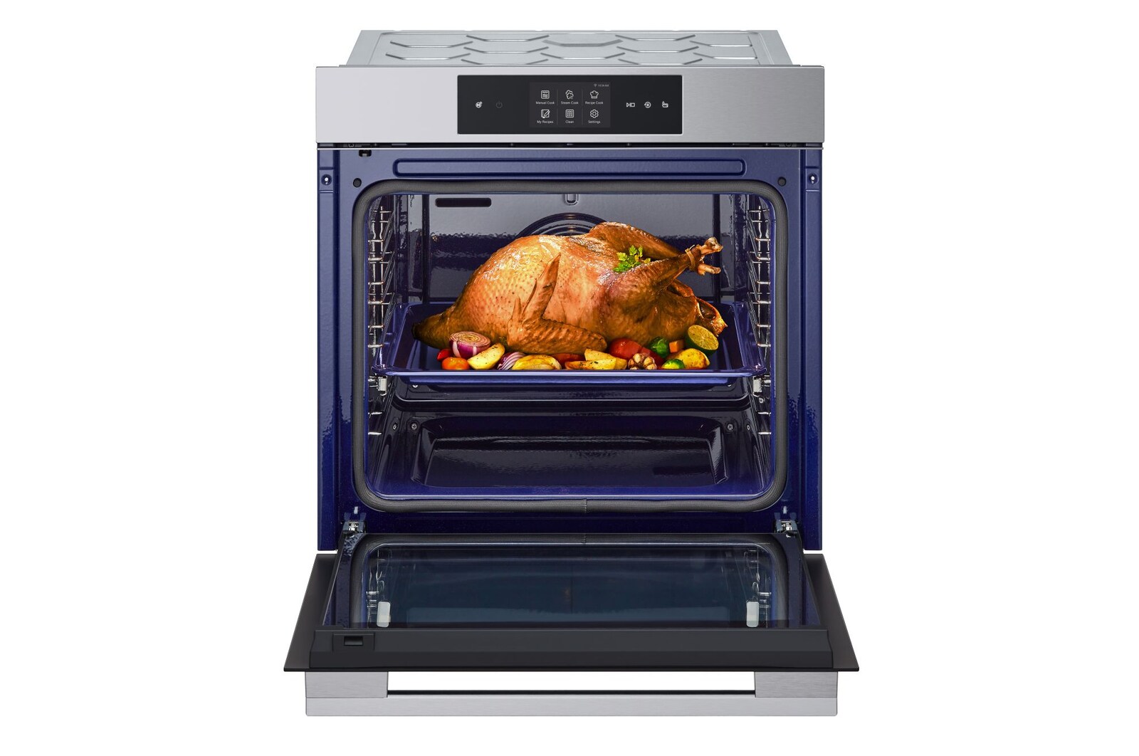 Foto frontale del forno con un pollo all'interno LG WSED7664S