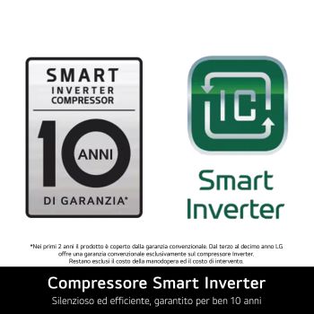 Frigorifero da incasso Fit&Max 75 LG CCJ7396SCHQ con compressore Smart Inverter, loghi e bollino della garanzia di 10 anni che evidenziano la silenziosità e l'efficienza del motore.