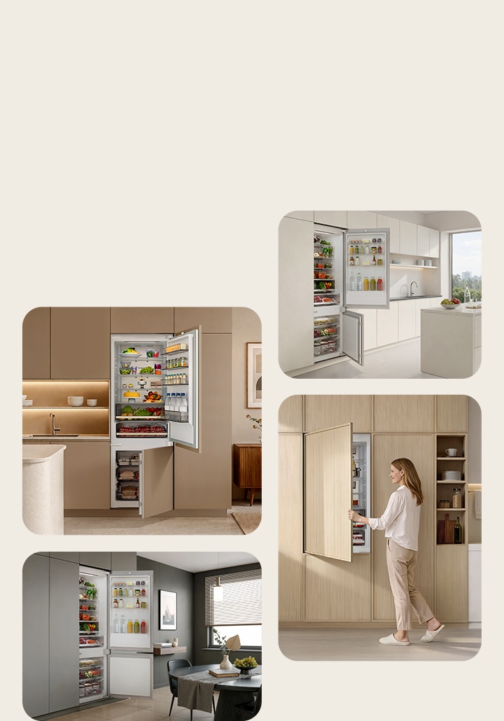 Immagine di un frigorifero da incasso inserito in diverse tipologie di cucina per mostrare la perfetta integrazione con vari stili di arredamento