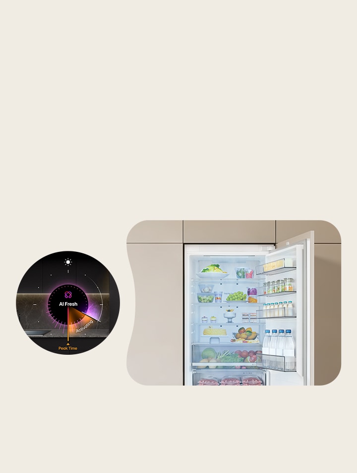 Immagine dell' interno del frigorifero con AI Fresh che regola automaticamente il raffreddamento per mantenere la temperatura ottimale degli alimenti conservati.