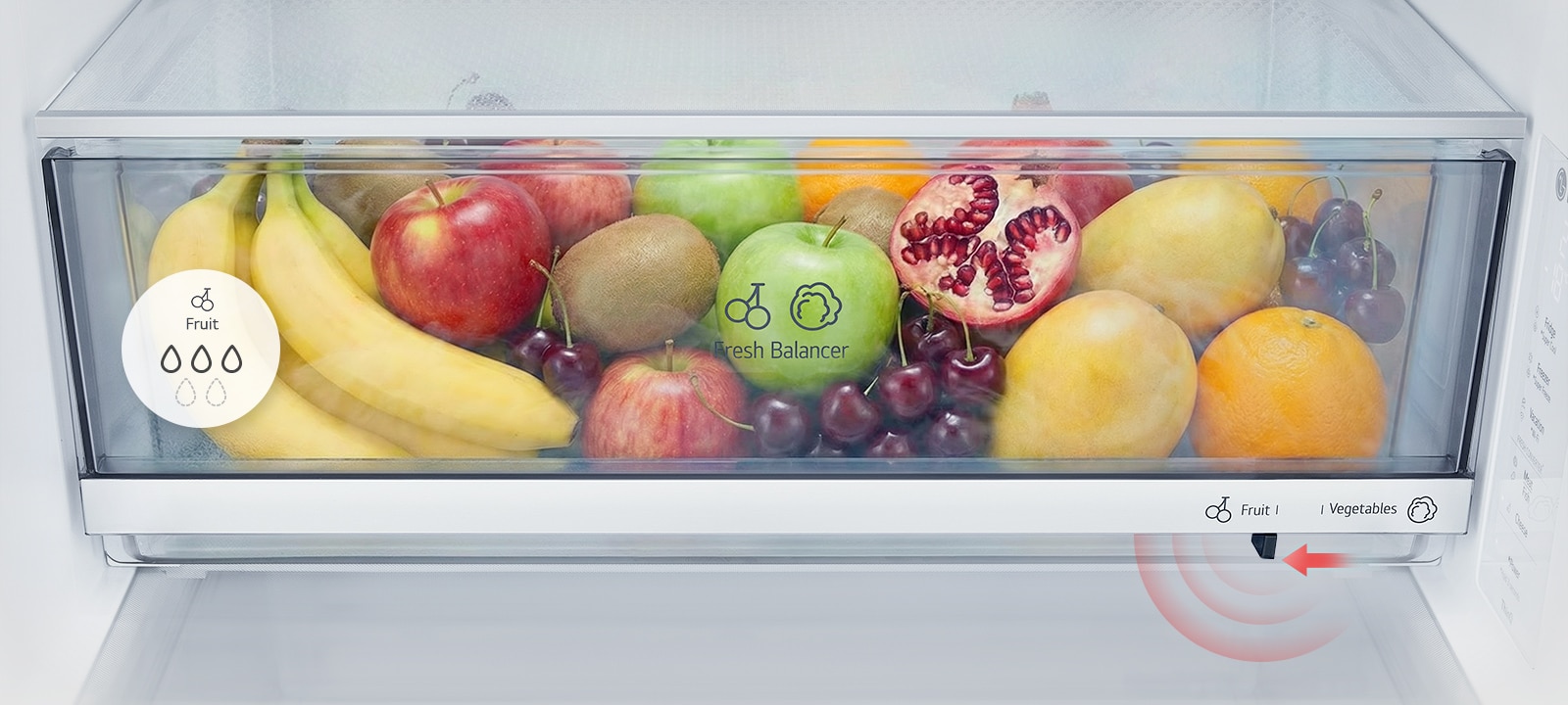Immagine del selettore Fresh Balancer in posizione frutta, con livello di umidità ottimizzato per prolungarne la freschezza.