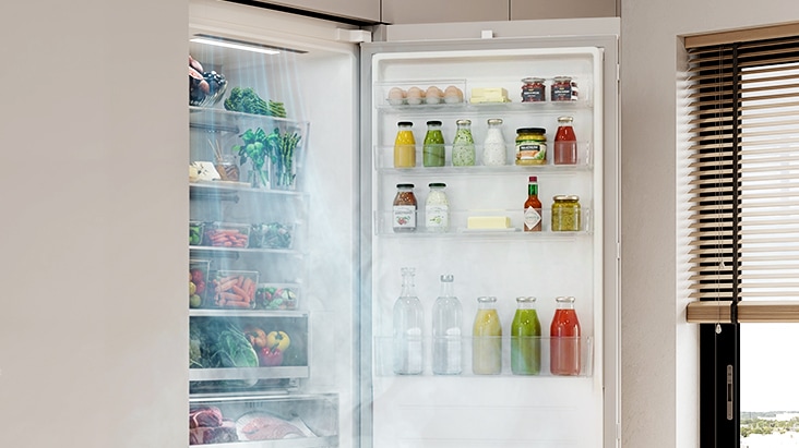 Immagine della bocchetta DoorCooling con flusso d'aria che raffredda più rapidamente i ripiani della porta, per alimenti e bevande sempre alla temperatura ideale
