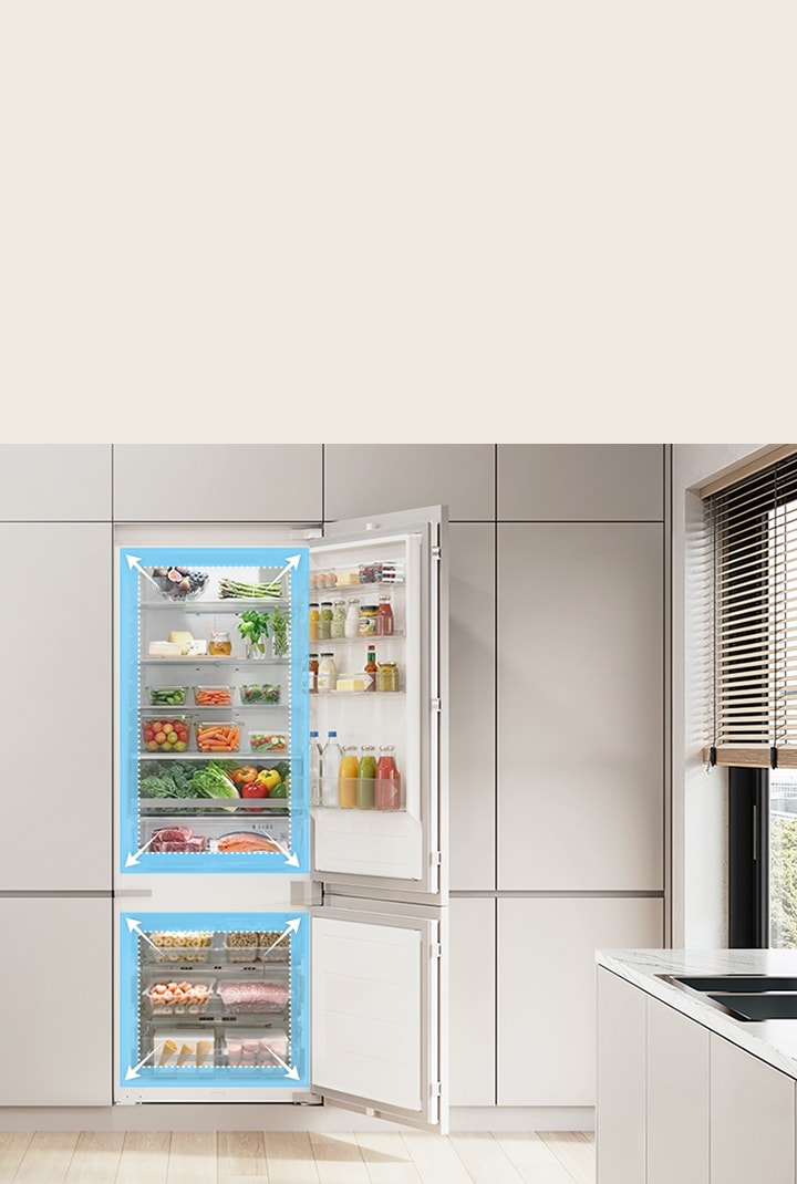 Immagine dell' interno del frigorifero con ripiani regolabili e flessibili per sfruttare al meglio lo spazio e adattarsi a ogni tipo di alimento