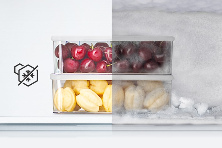 Immagine di alimenti conservati senza formazione di ghiaccio, grazie allo sbrinamento automatico