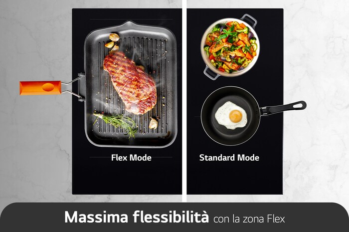 Foto del piano cottura con diverse padelle. A sinistra c'è una teglia che occupa due zone in modalità Flex, mentre a destra ci sono due padelle, una su ciascuna zona, in modalità standard.