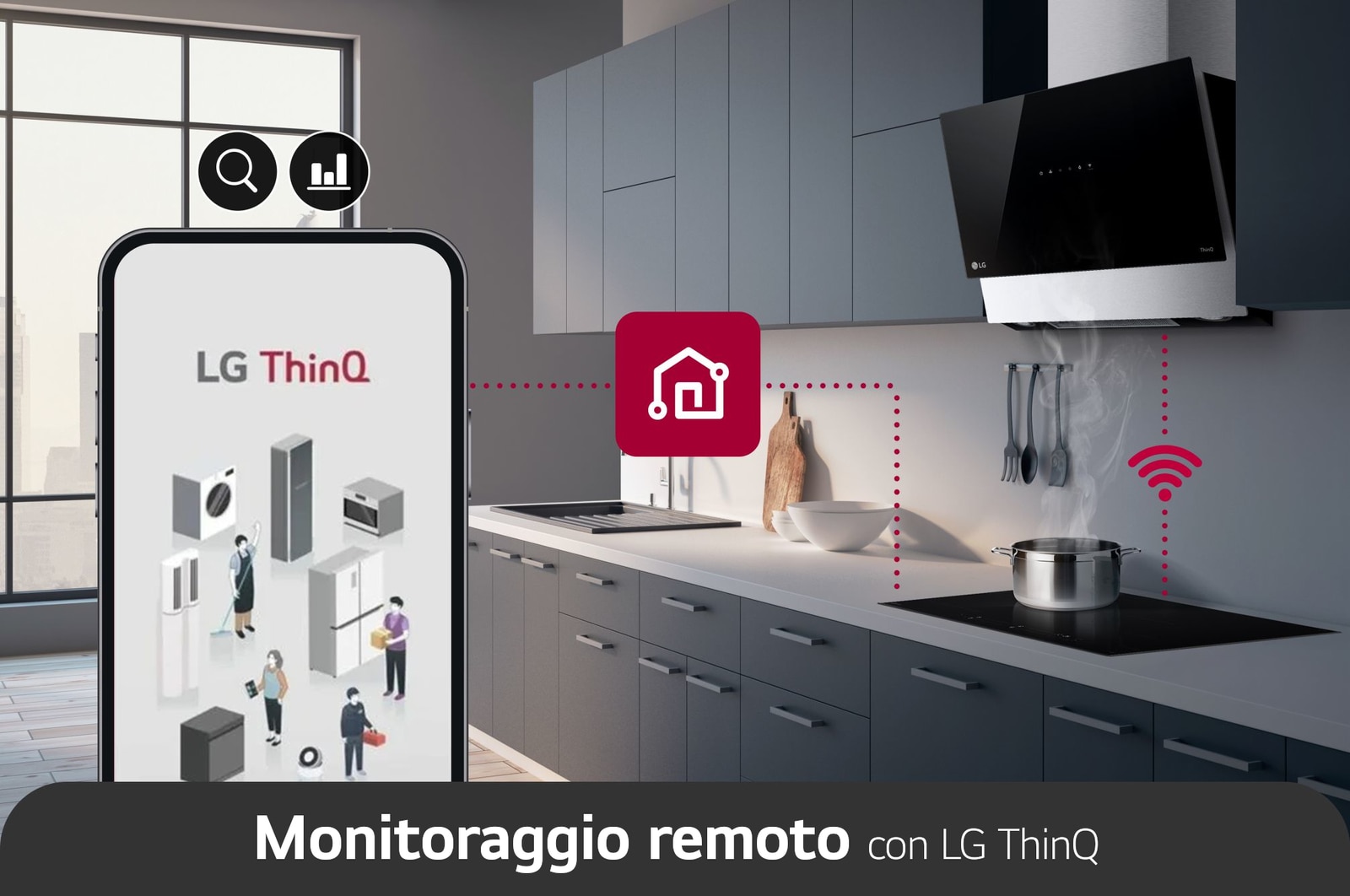 Immagine del piano cottura collegato con uno smartphone attraverso la funzionalità ThinQ.