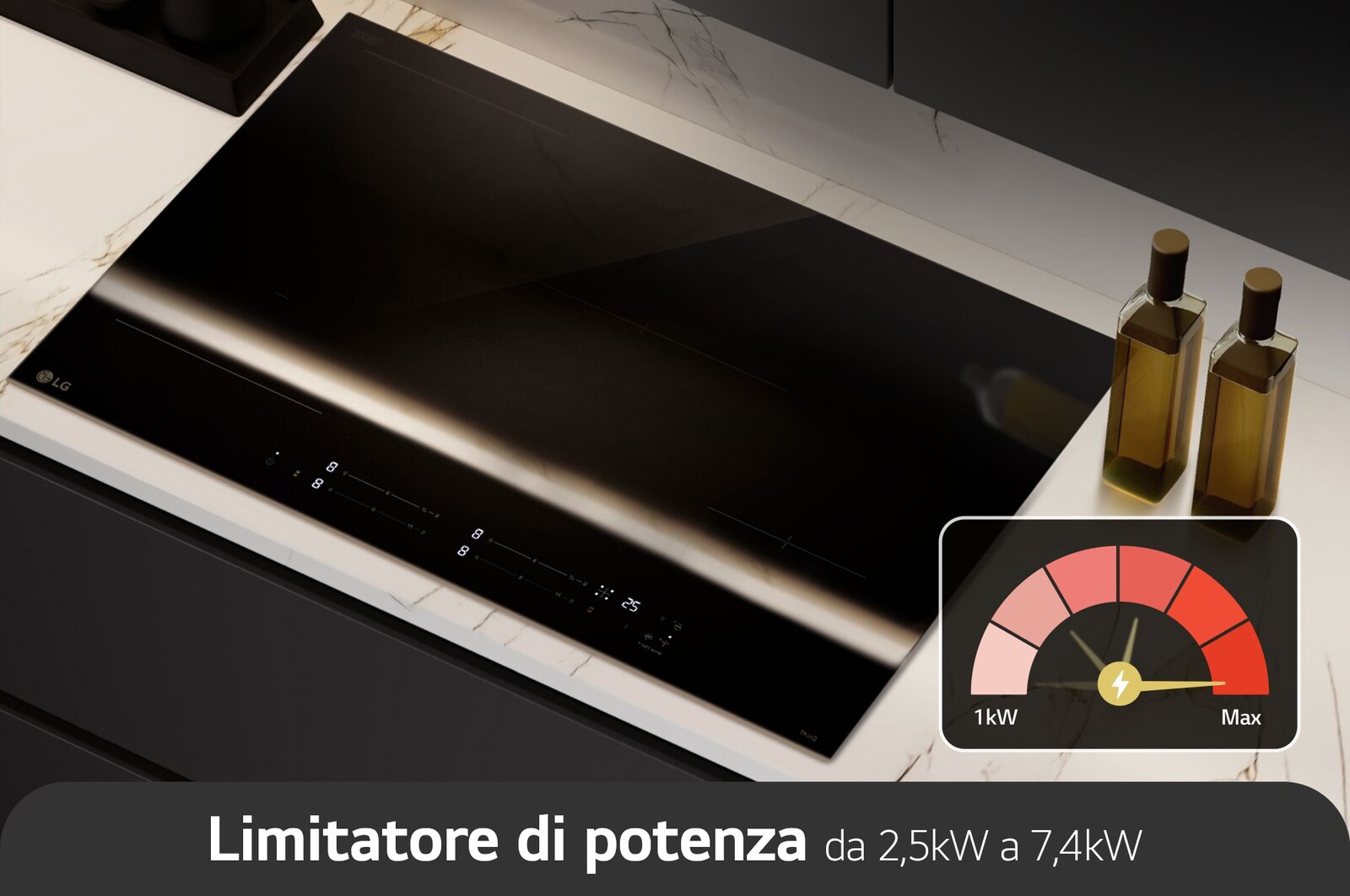 Immagine del piano cottura installato su una cucina. C'è un tachimetro che indica la potenza che può passare da minimo a massimo a seconda dell'impostazione dell'utente.