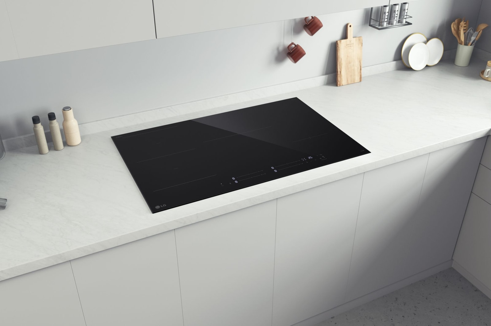 Foto dall'alto del piano cottura installato in una cucina bianca