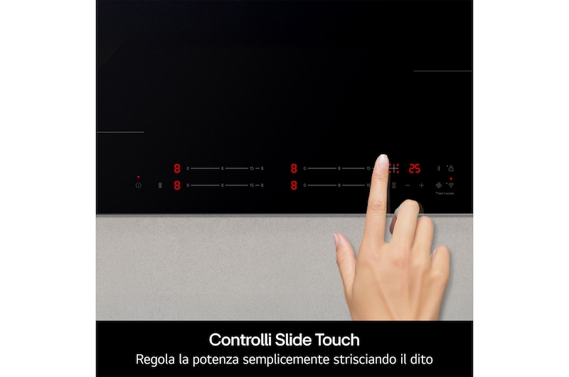 Foto del piano cottura con diverse padelle. A sinistra c'è una teglia che occupa due zone in modalità Flex, mentre a destra ci sono due padelle, una su ciascuna zona, in modalità standard.