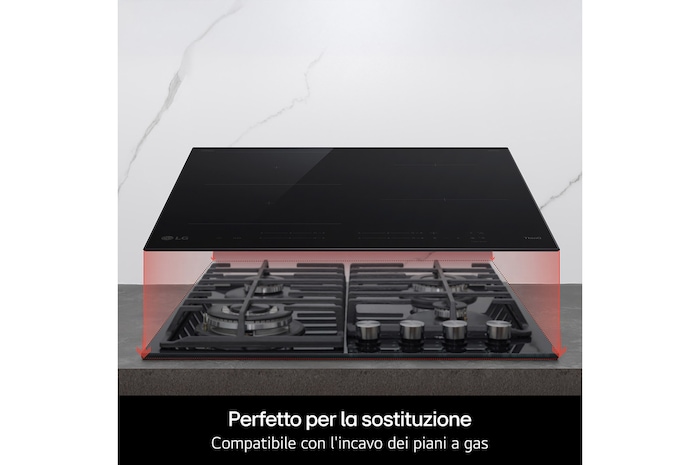 Immagine del piano cottura installato su una cucina. C'è un tachimetro che indica la potenza che può passare da minimo a massimo a seconda dell'impostazione dell'utente.