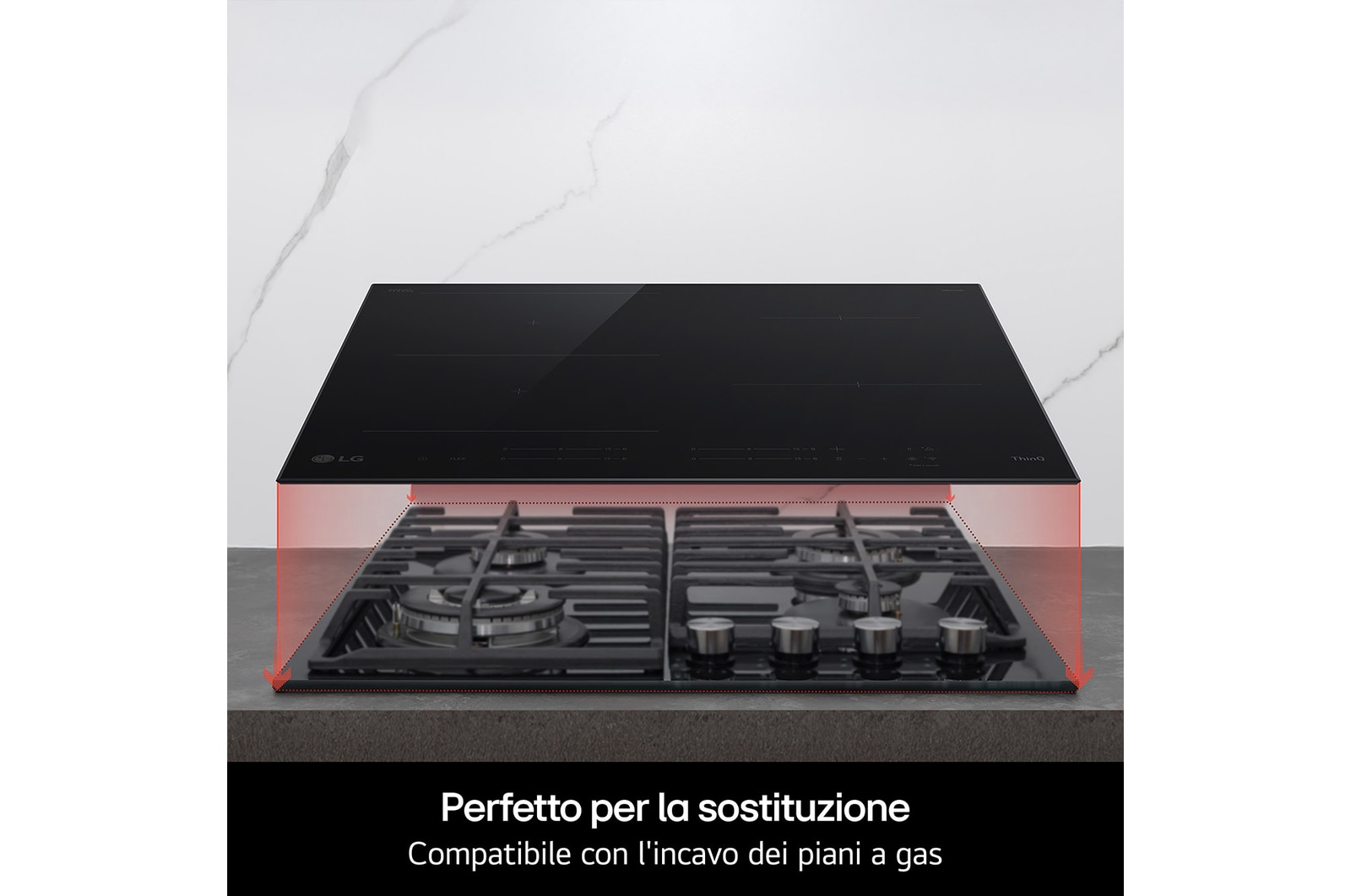 Immagine del piano cottura installato su una cucina. C'è un tachimetro che indica la potenza che può passare da minimo a massimo a seconda dell'impostazione dell'utente.