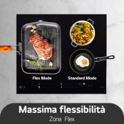 Foto del piano cottura con diverse padelle. A sinistra c'è una teglia che occupa due zone in modalità Flex, mentre a destra ci sono due padelle, una su ciascuna zona, in modalità standard.