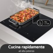 Foto di una teglia grande posizionata su due zone di cottura in modalità Flex, con il cibo all'interno che sta cuocendo.