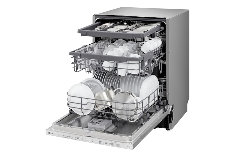 Vista tre quarti verso sinistra della lavastoviglie completamente aperta e piena di stoviglie