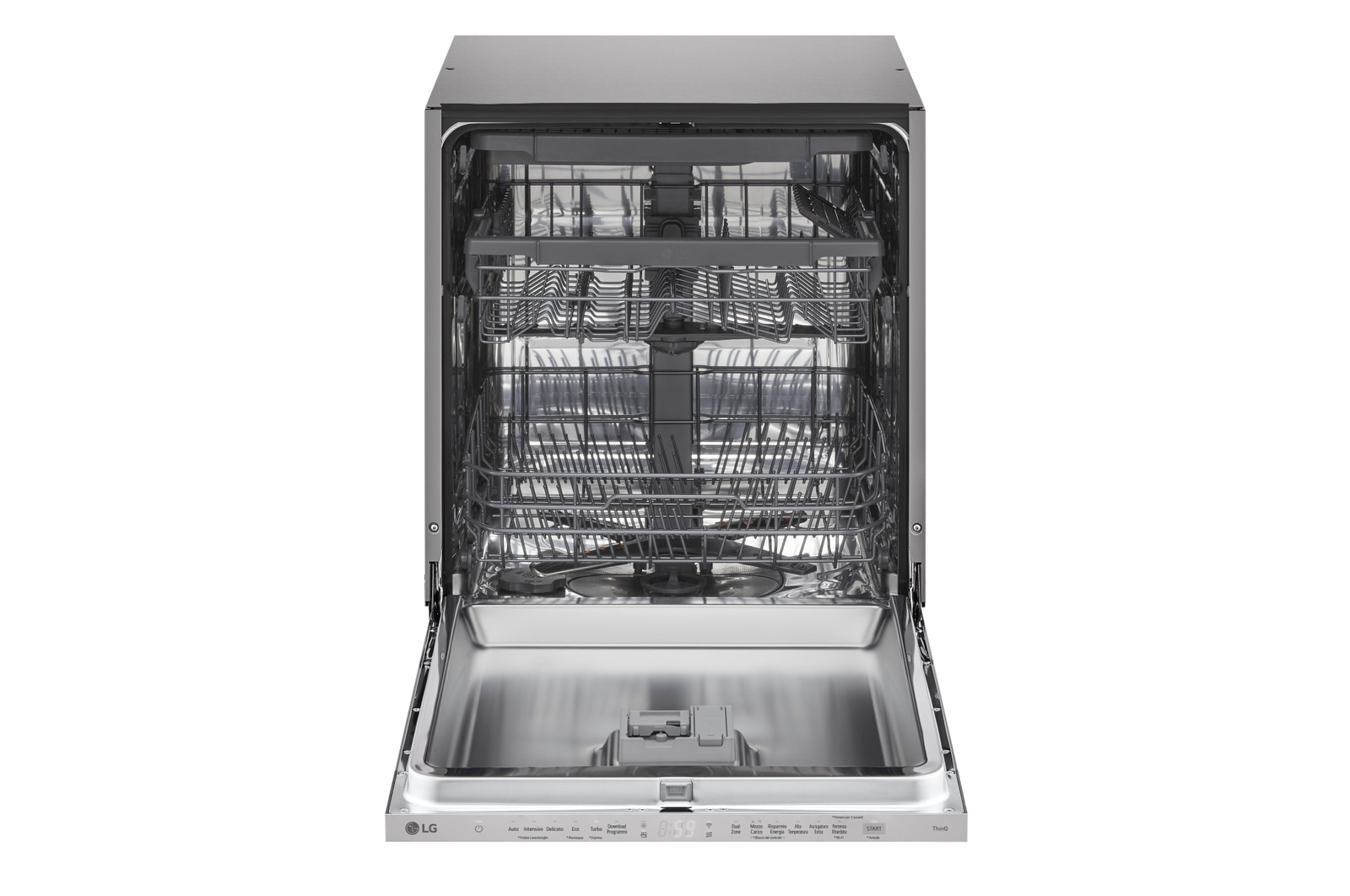 Vista frontale della lavastoviglie LG QuadWash con la porta completamente aperta