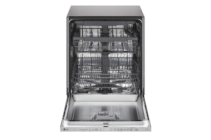 Vista frontale della lavastoviglie LG QuadWash con la porta completamente aperta