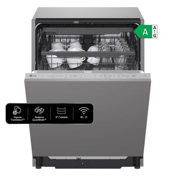 Vista frontale di Lavastoviglie a scomparsa totale | QuadWash Serie 3, Classe A 44dB | 14 coperti,Vapore, Info Light,Cerniere sliding | Acciaio DB375TXS