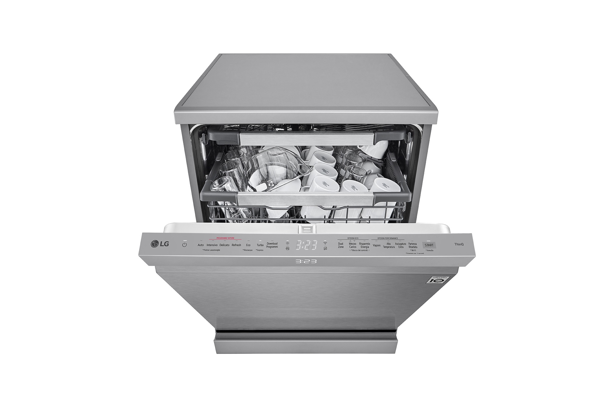 Vista frontale lavastoviglie a libera installazione in acciaio inox e comandi superiori