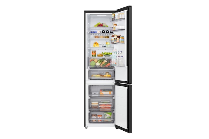 Foto frigorifero combinato LG GBBS322CEV aperto con alimenti