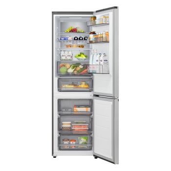 Frigorifero LG GBBS524APY aperto e riempito con alimenti freschi nei ripiani del frigorifero e del freezer