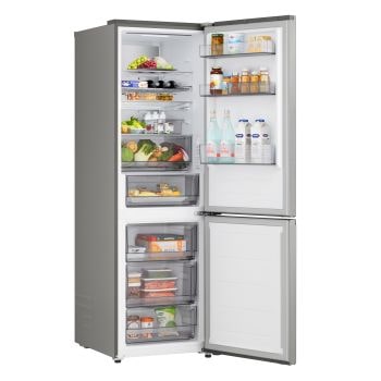 Frigorifero LG GBBS524APY vista a tre quarti, con sezione superiore frigo e inferiore freezer ripiena di alimenti