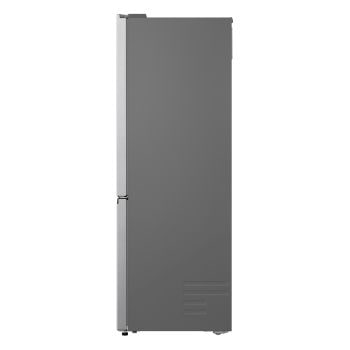 Frigorifero LG GBBS524APY aperto, vista laterale con finitura grigio scuro e pannello frontale argento