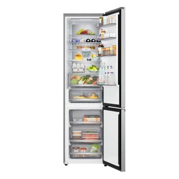 Vista interna con porte aperte e cibo nei ripiani del Frigorifero LG GBBS726AMB