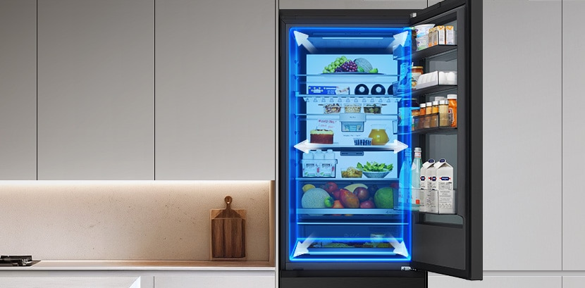 Congelatore inferiore LG (GBGW92GCEV) completamente aperto con interno illuminato di blu, cibo e frecce che indicano lo spazio di stoccaggio