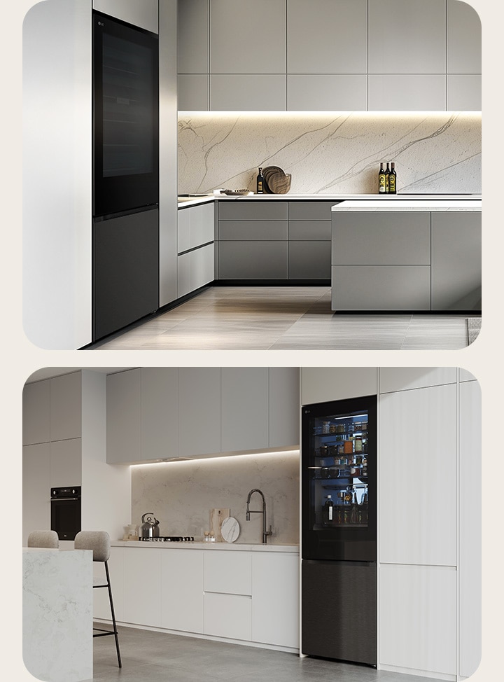 Congelatore inferiore LG InstaView (GBGW92GCEV) lasciato in una cucina dai toni scuri proprio in una cucina luminosa accanto a un'isola