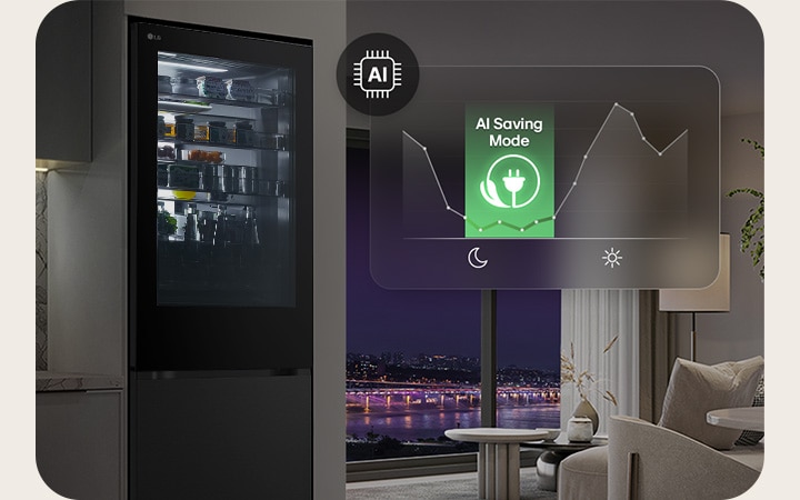 Congelatore inferiore LG InstaView (GBGW92GCEV) con vista notturna della città con grafica AI Saving Mode e grafico energetico