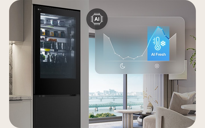 Congelatore inferiore LG InstaView (GBGW92GCEV) con vista diurna sul fiume con icona AI Fresh e grafico della temperatura