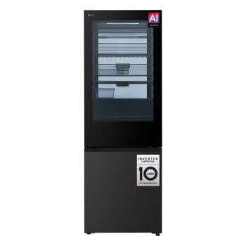 LG GBGW92GCEV Frigorifero combinato, vista frontale con finitura nera, adesivi AI Inverter™ e garanzia di 10 anni sul compressore.