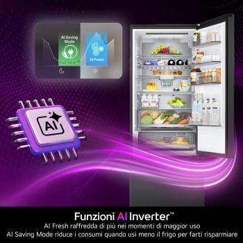 LG GBGW92GCEV Frigorifero combinato, funzioni AI Inverter™ con modalità AI Fresh per il raffreddamento e AI Saving Mode per il risparmio energetico.