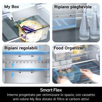 LG GBGW92GCEV Frigorifero combinato, sistema Smart Flex con cassetto anti-odore My Box, ripiano pieghevole, ripiani regolabili e Food Organizer.