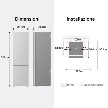Schema dimensioni e installazione del Frigorifero combinato LG GBGW92GCEV