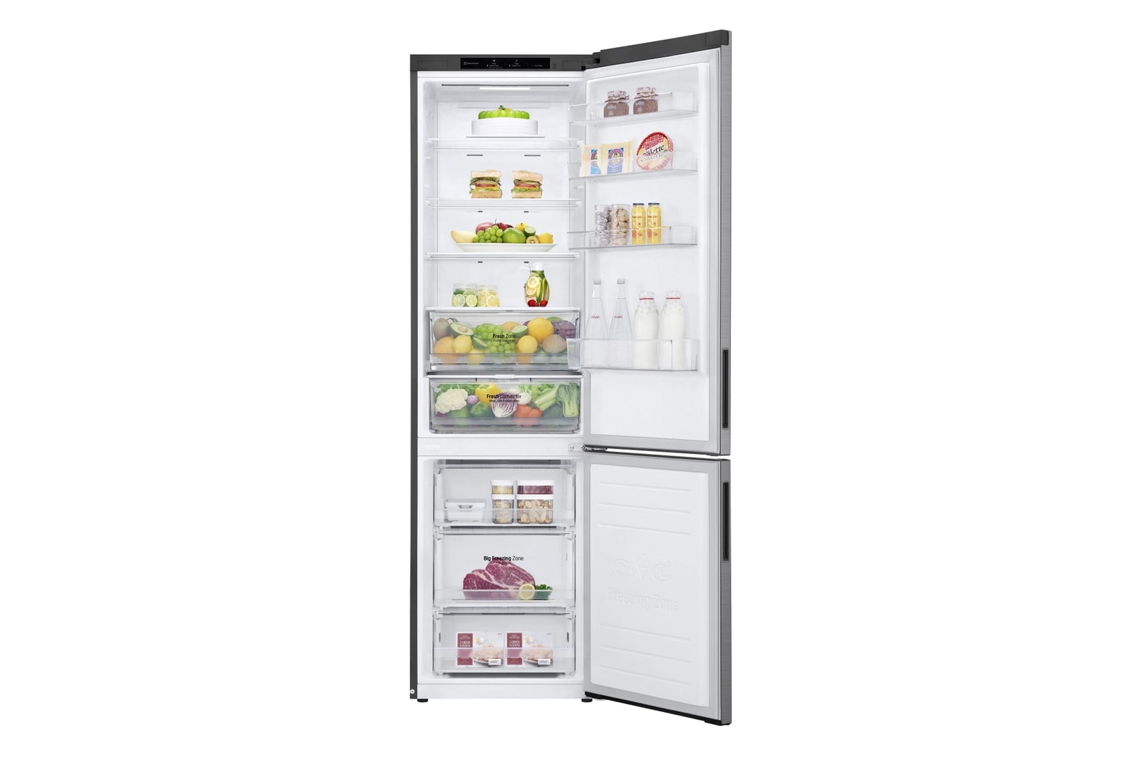 Immagine frontale del frigo con le porte aperte e pieno di cibo