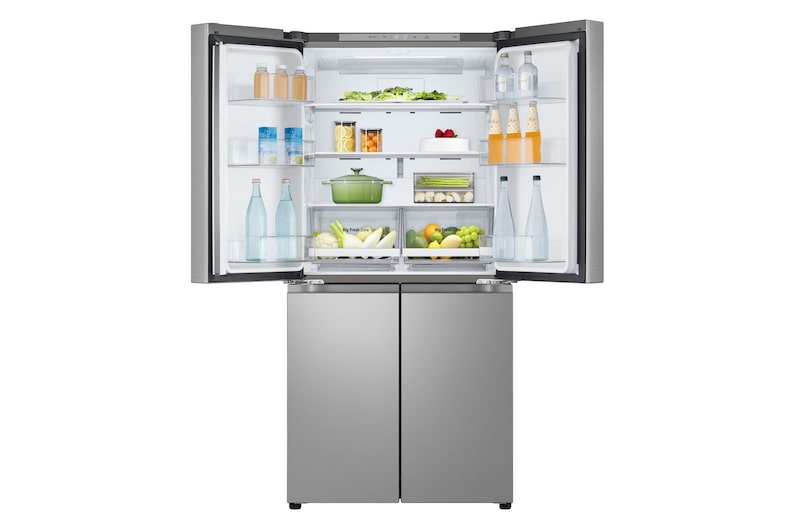 Vista frontale con porte del frigo aperte e porte del freezer chiuse