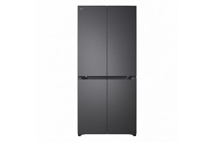 Vista frontale a porte chiuse del Frigorifero Multidoor Slim LG GMBS30SDEP in finitura scura ed elegante a quattro porte.