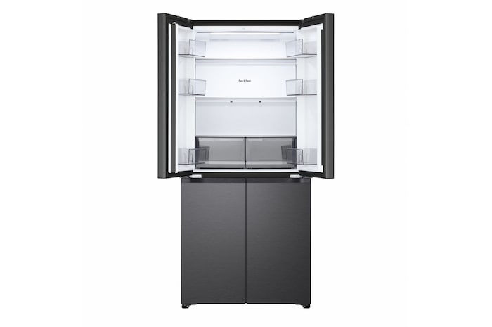Vista frontale del Frigorifero Multidoor Slim LG GMBS30SDEP con le due porte superiori del vano frigorifero aperte.