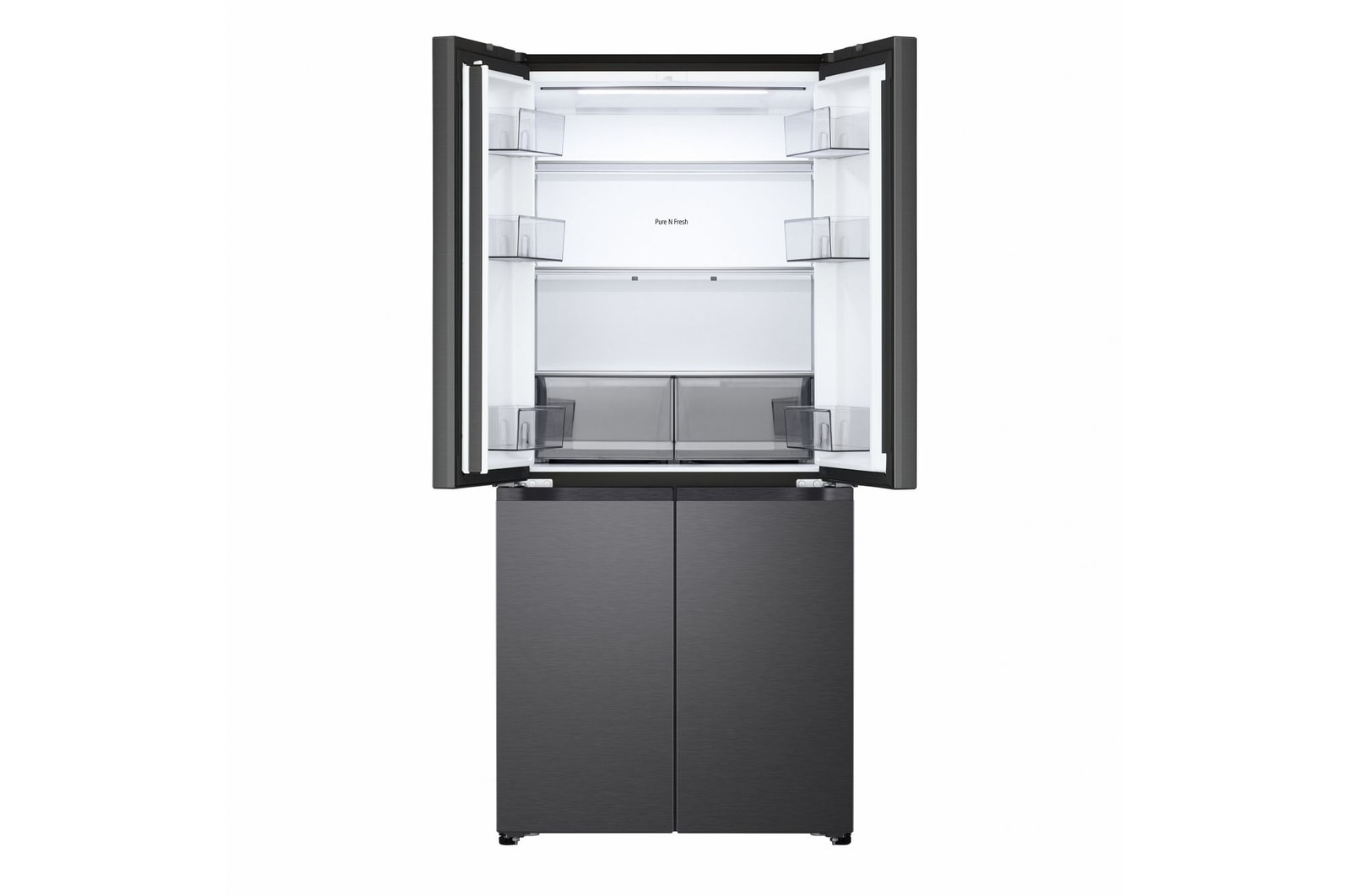 Vista frontale del Frigorifero Multidoor Slim LG GMBS30SDEP con le due porte superiori del vano frigorifero aperte.