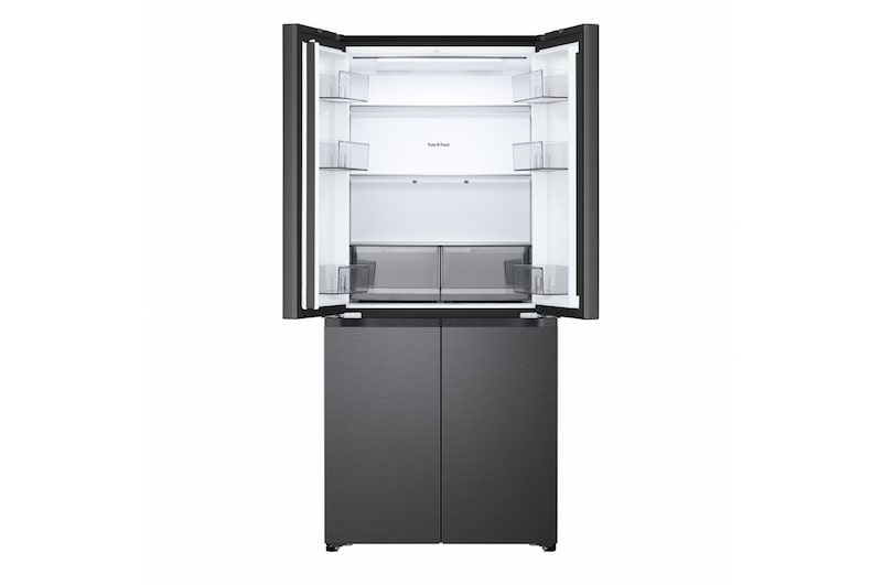 Vista frontale del Frigorifero Multidoor Slim LG GMBS30SDEP con le due porte superiori del vano frigorifero aperte.